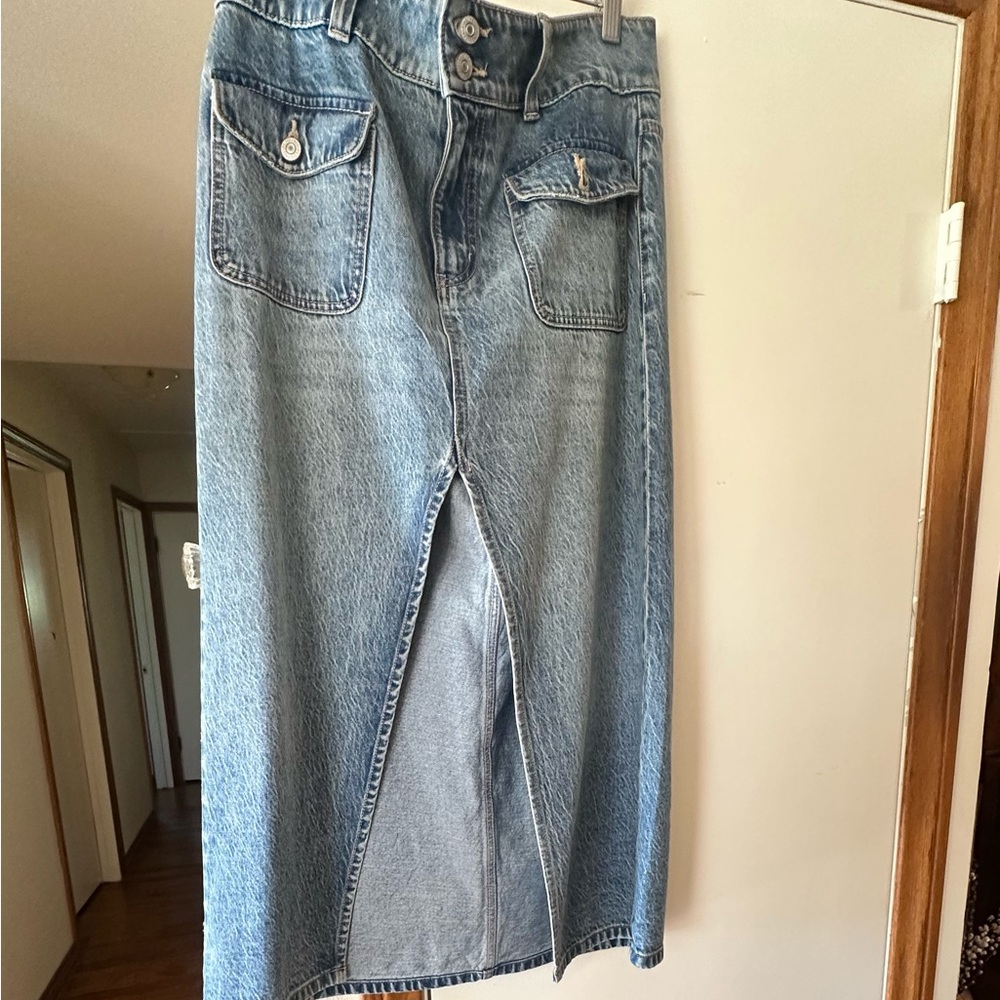 Free People “We the Free” denim midi skirt with high front-slit